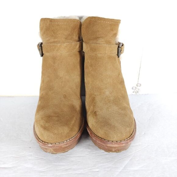 UGG Women's Anais US9 Chestnut Suede Sheepskin Wedge Shearling Boots Booties - Picture 3 of 14